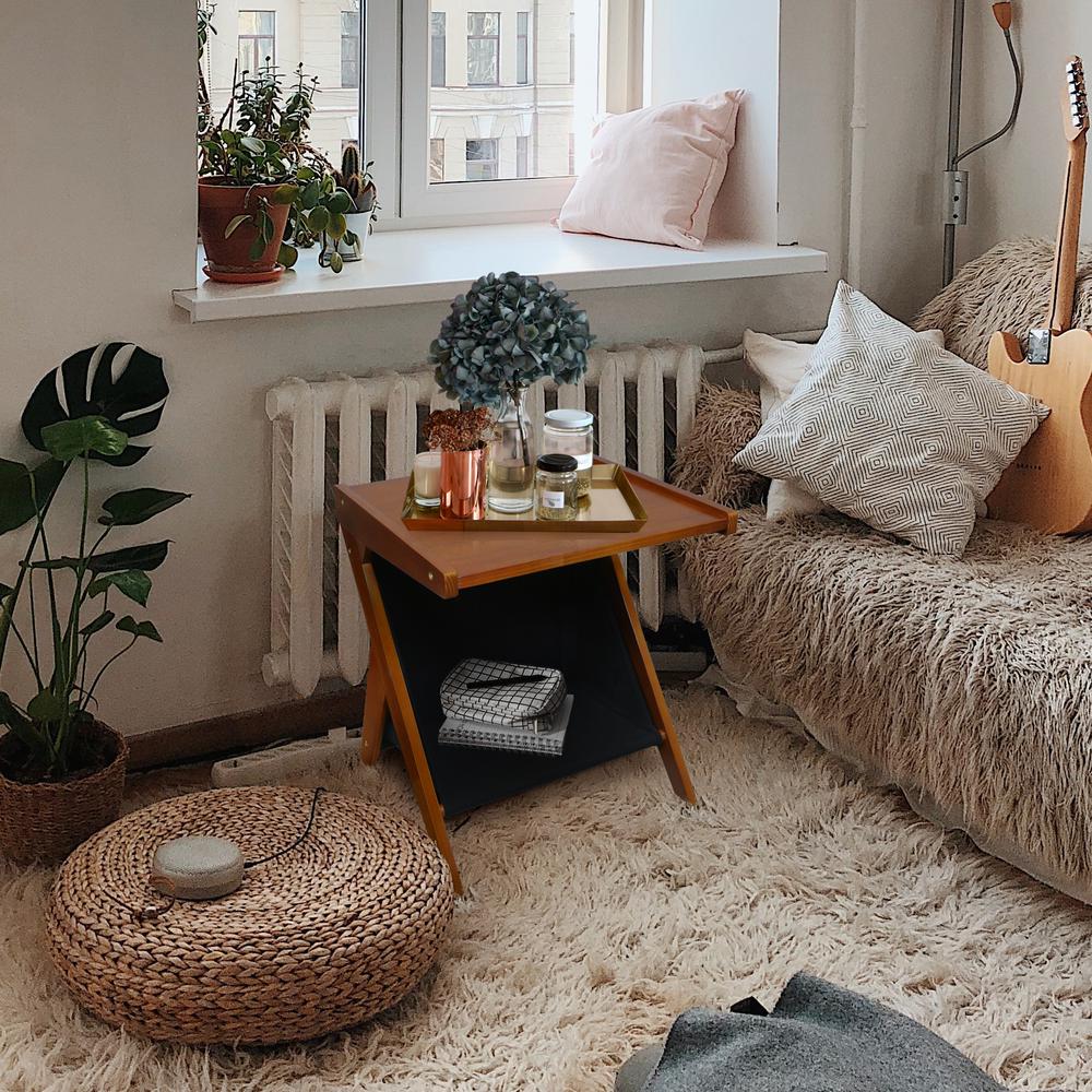 Casual Home Z-Shaped Sofa Side Table with Canvas Storage Basket - Chestnut