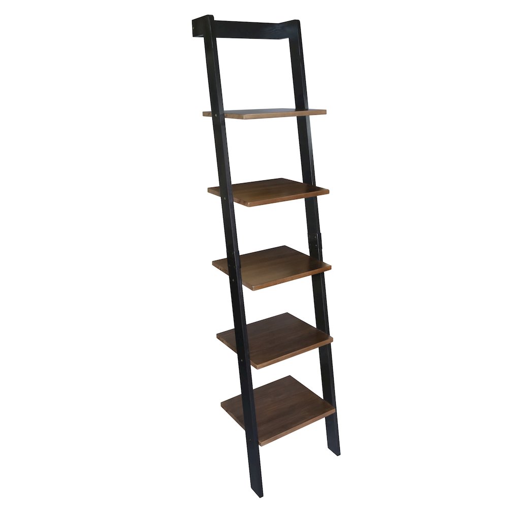 5-Tier Leaning Ladder Bookcase with Solid American Gum Shelves - Black/Walnut