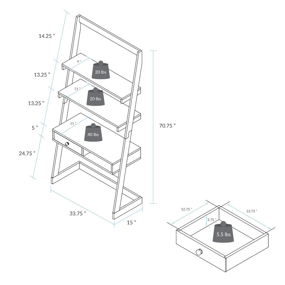 Freestanding Ladder Desk with Drawer, Natural