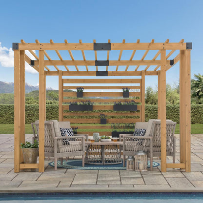 Sunjoy Sophia 10.5 x 10 ft Cedar Wood Pergola with Adjustable Hanging Planters
