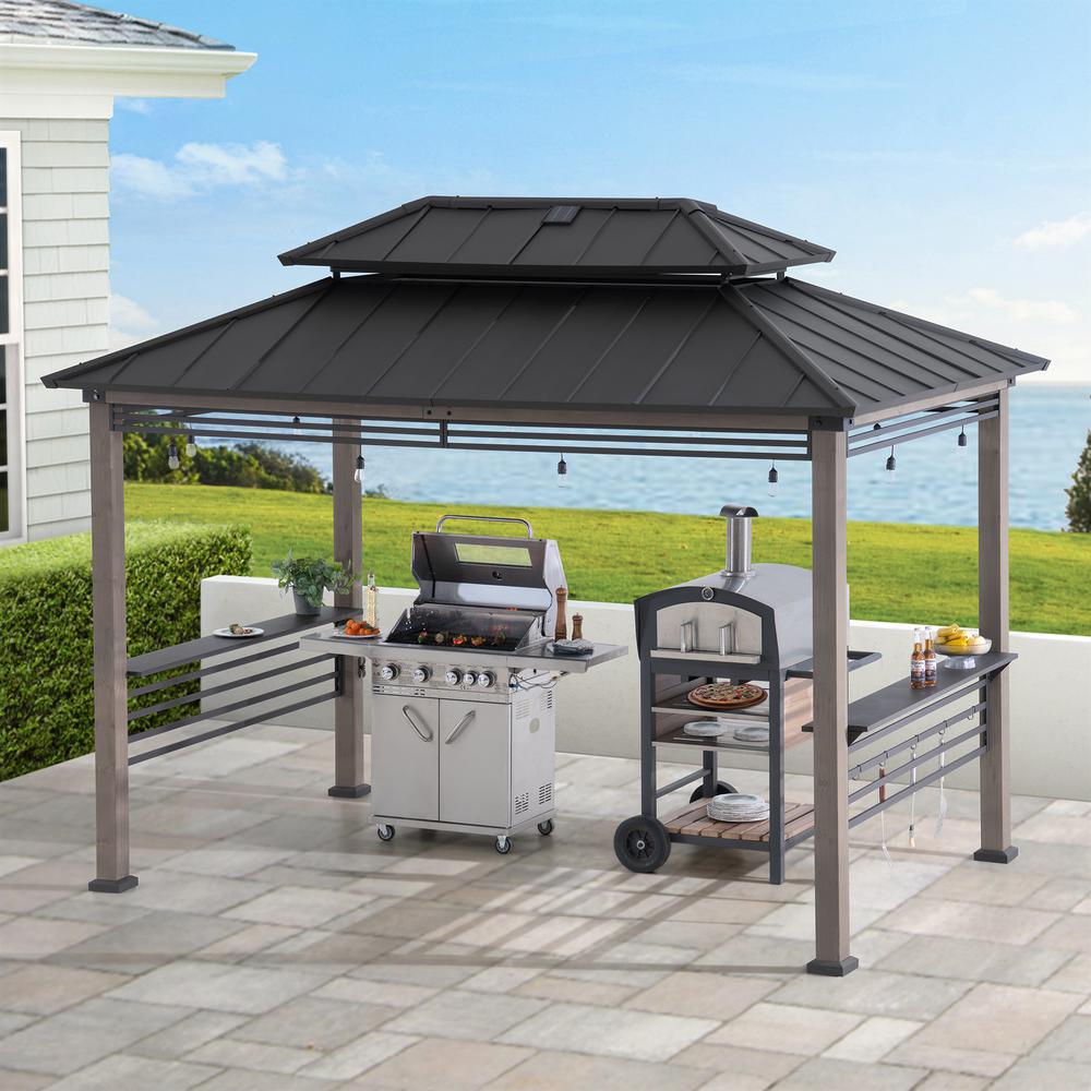 Wood Gazebo with Built-In Electrical Outlets and Decorative Fence, Black