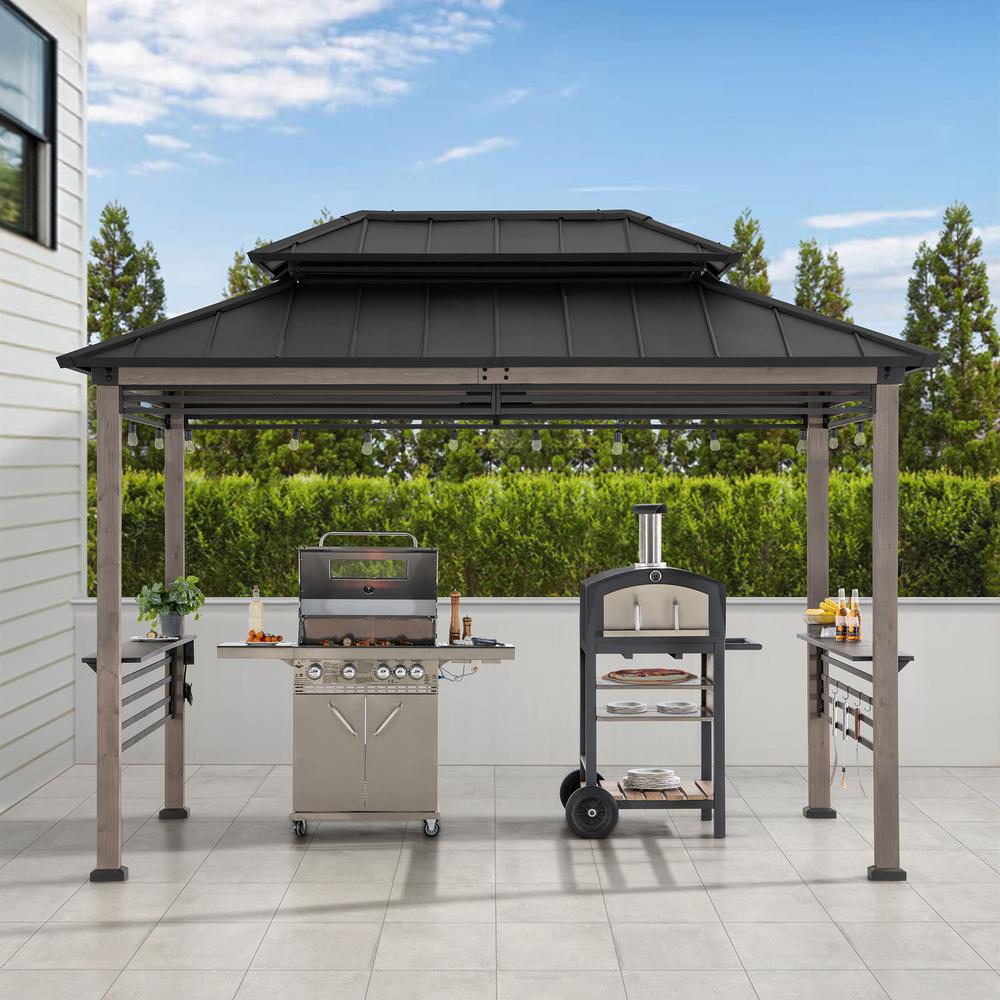 Wood Gazebo with Built-In Electrical Outlets and Decorative Fence, Black