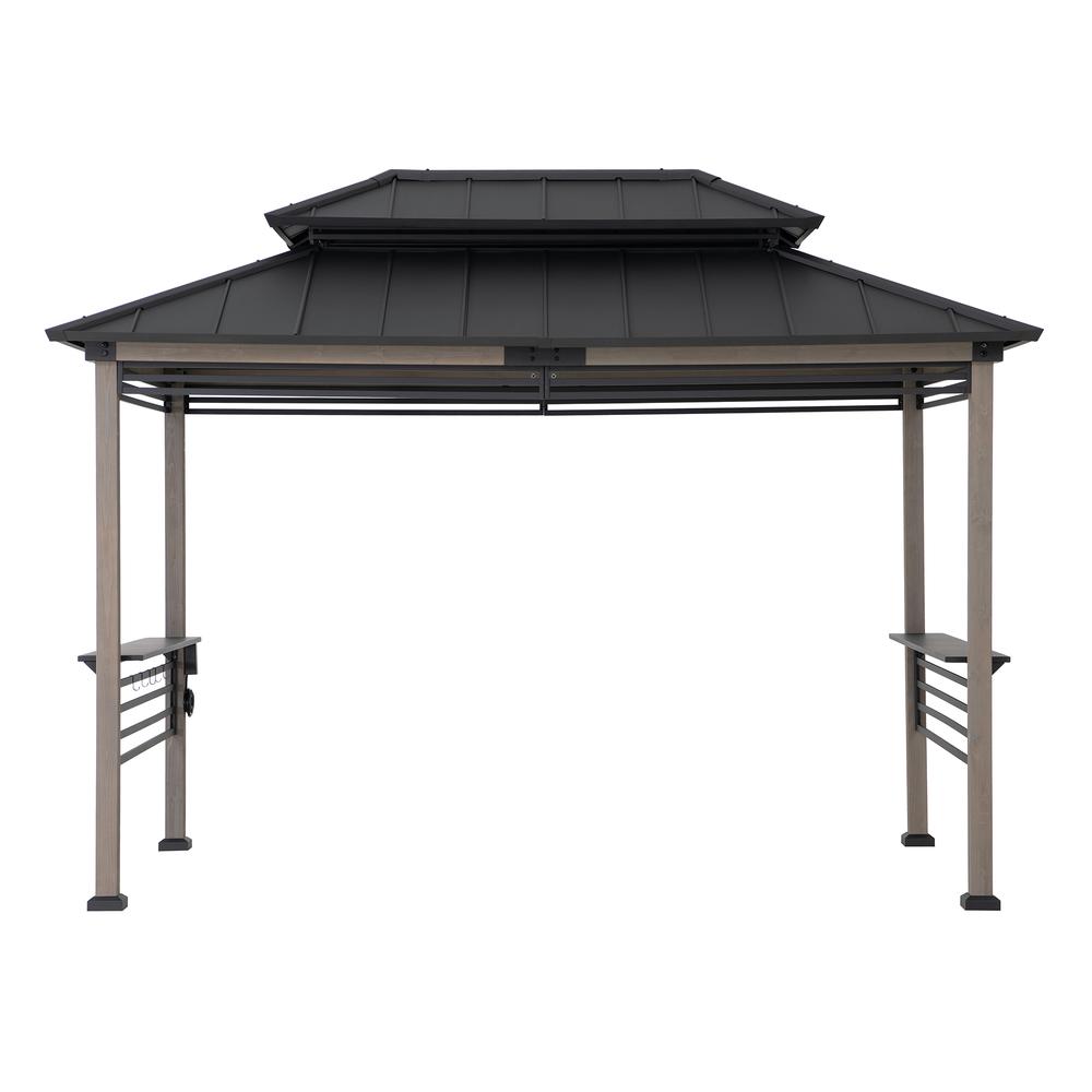 Wood Gazebo with Built-In Electrical Outlets and Decorative Fence, Black