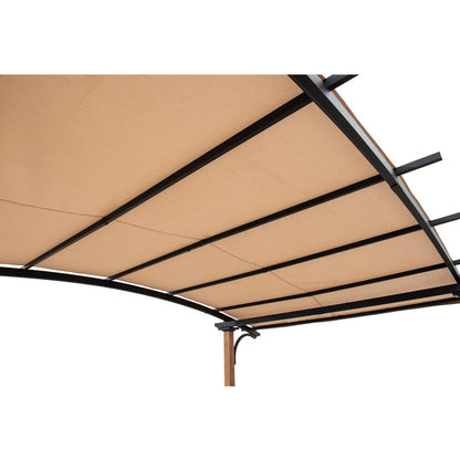 Steel Arched Metal Pergola with Natural Wood Looking Finish and Tan Shade