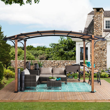 Steel Arched Metal Pergola with Natural Wood Looking Finish and Tan Shade
