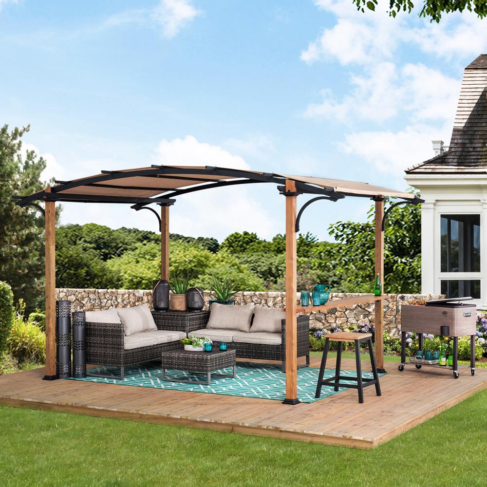 Steel Arched Metal Pergola with Natural Wood Looking Finish and Tan Shade