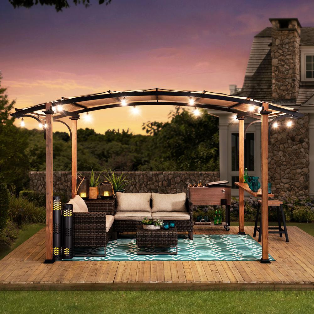 Steel Arched Metal Pergola with Natural Wood Looking Finish and Tan Shade