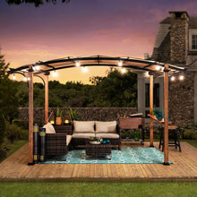 Steel Arched Metal Pergola with Natural Wood Looking Finish and Tan Shade