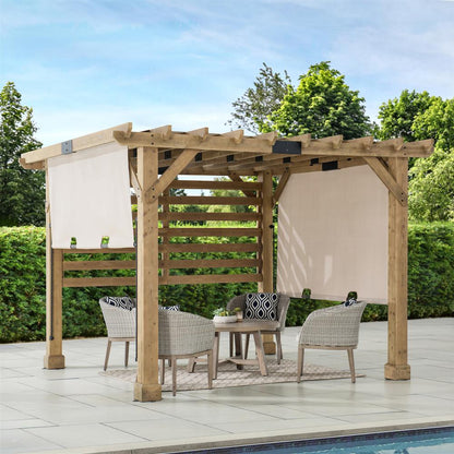 Sunjoy 10 x 11 ft Cedar Wood Frame Pergola with Adjustable Canopy&Privacy Screen