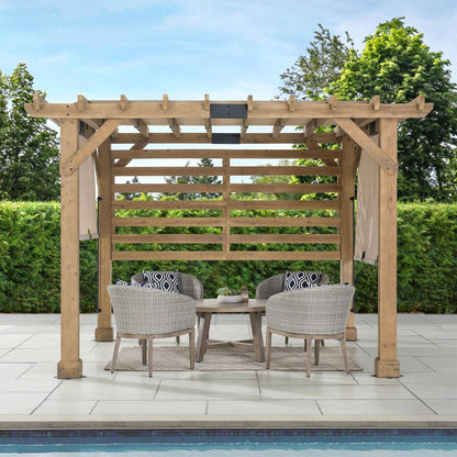 Sunjoy 10 x 11 ft Cedar Wood Frame Pergola with Adjustable Canopy&Privacy Screen