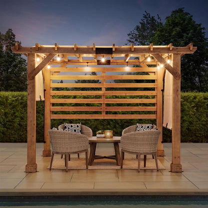 Sunjoy 10 x 11 ft Cedar Wood Frame Pergola with Adjustable Canopy&Privacy Screen