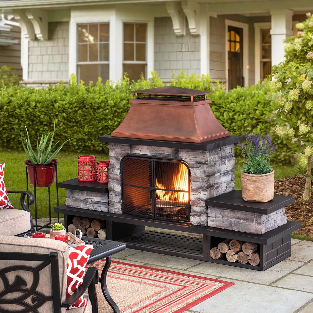 Outdoor Patio Wood Burning Fireplace with Steel Chimney, Mesh Spark Screen Doors