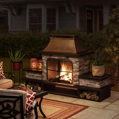 Outdoor Patio Wood Burning Fireplace with Steel Chimney, Mesh Spark Screen Doors
