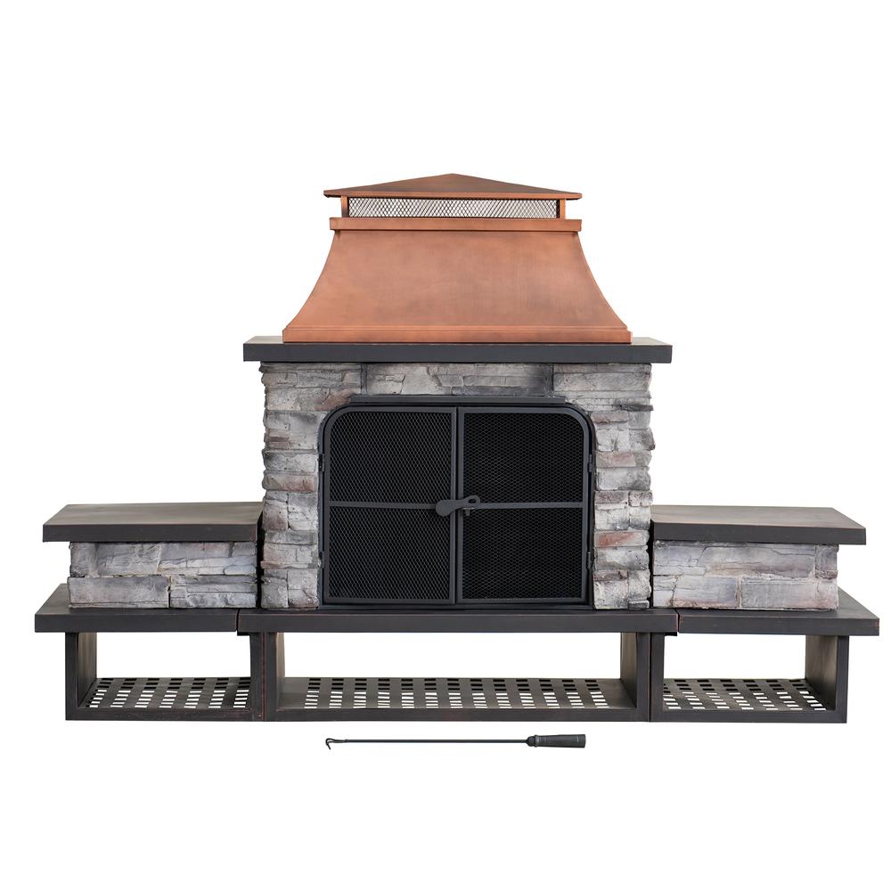 Outdoor Patio Wood Burning Fireplace with Steel Chimney, Mesh Spark Screen Doors