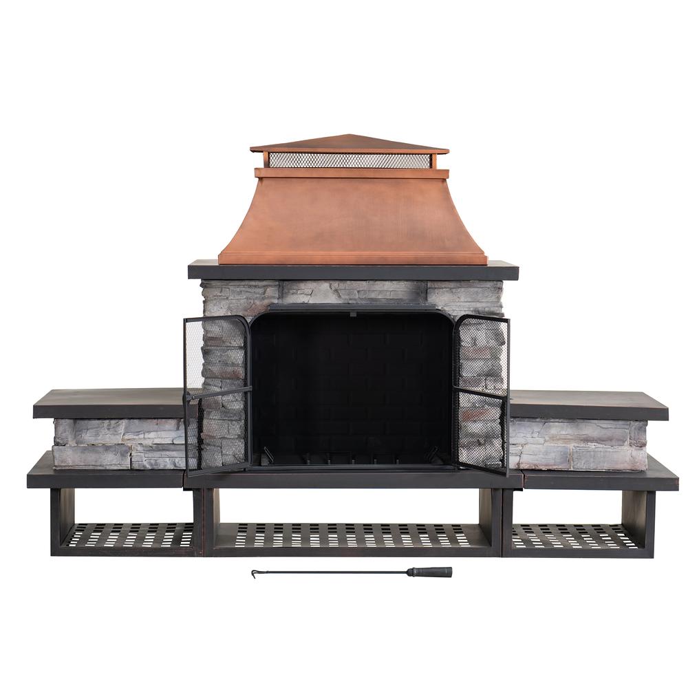 Outdoor Patio Wood Burning Fireplace with Steel Chimney, Mesh Spark Screen Doors