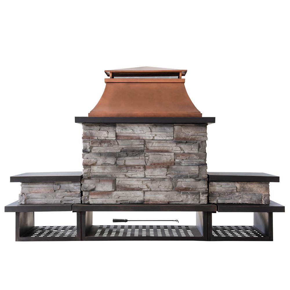 Outdoor Patio Wood Burning Fireplace with Steel Chimney, Mesh Spark Screen Doors