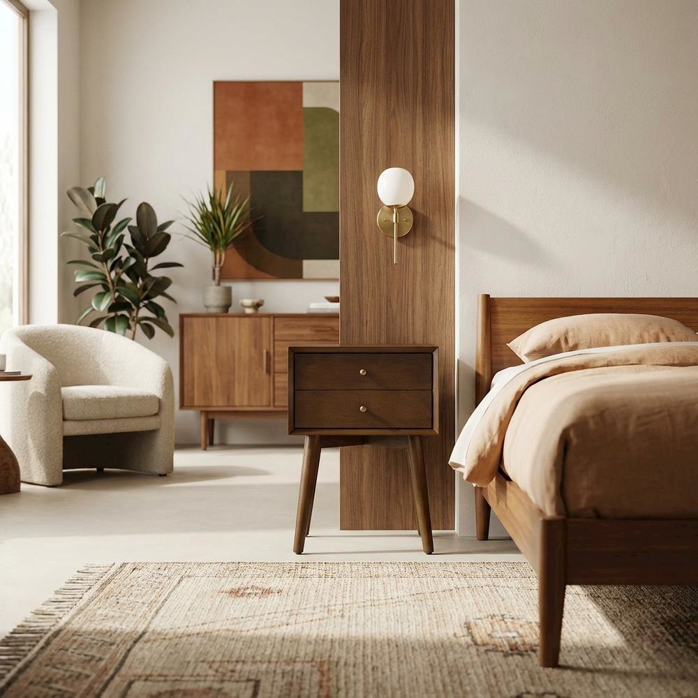 Nightstand in MDF and Solid Poplar Wood with Veneer Finish for Bedroom Storage