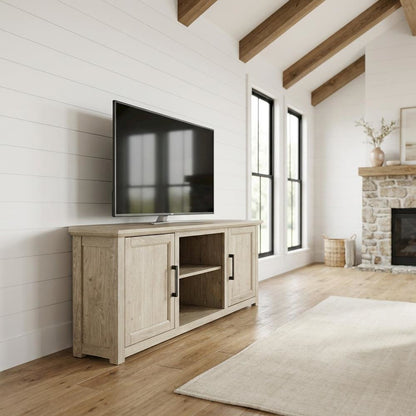 Corner TV stand for 65+ inch TVs in classic wood finish with ample storage space