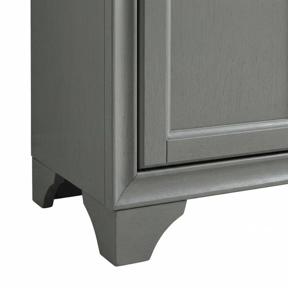 Gray wall cabinet with anti-tip hardware for bathroom storage