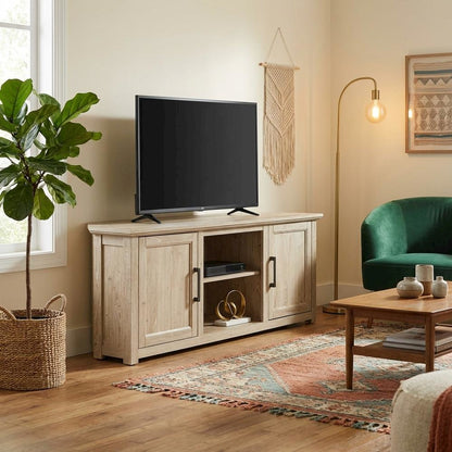 Corner TV stand for 65+ inch TVs in classic wood finish with ample storage space