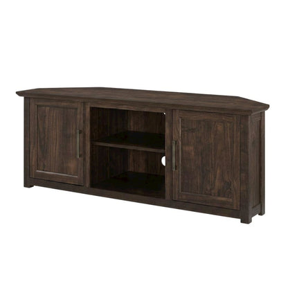 Corner TV Stand for 65+ Inch TVs in Black Wood Finish with Storage