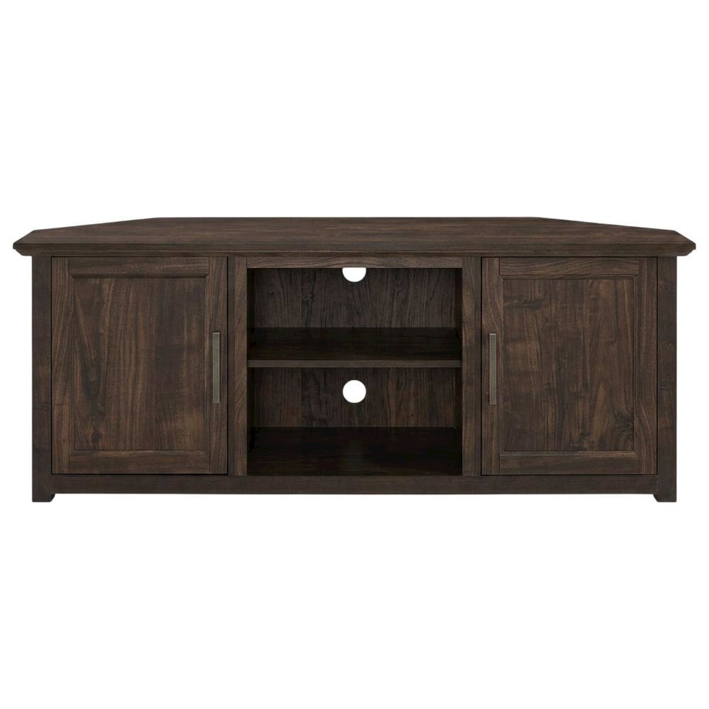 Corner TV Stand for 65+ Inch TVs in Black Wood Finish with Storage