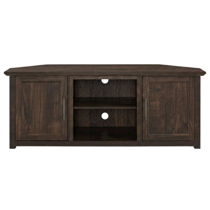 Corner TV Stand for 65+ Inch TVs in Black Wood Finish with Storage