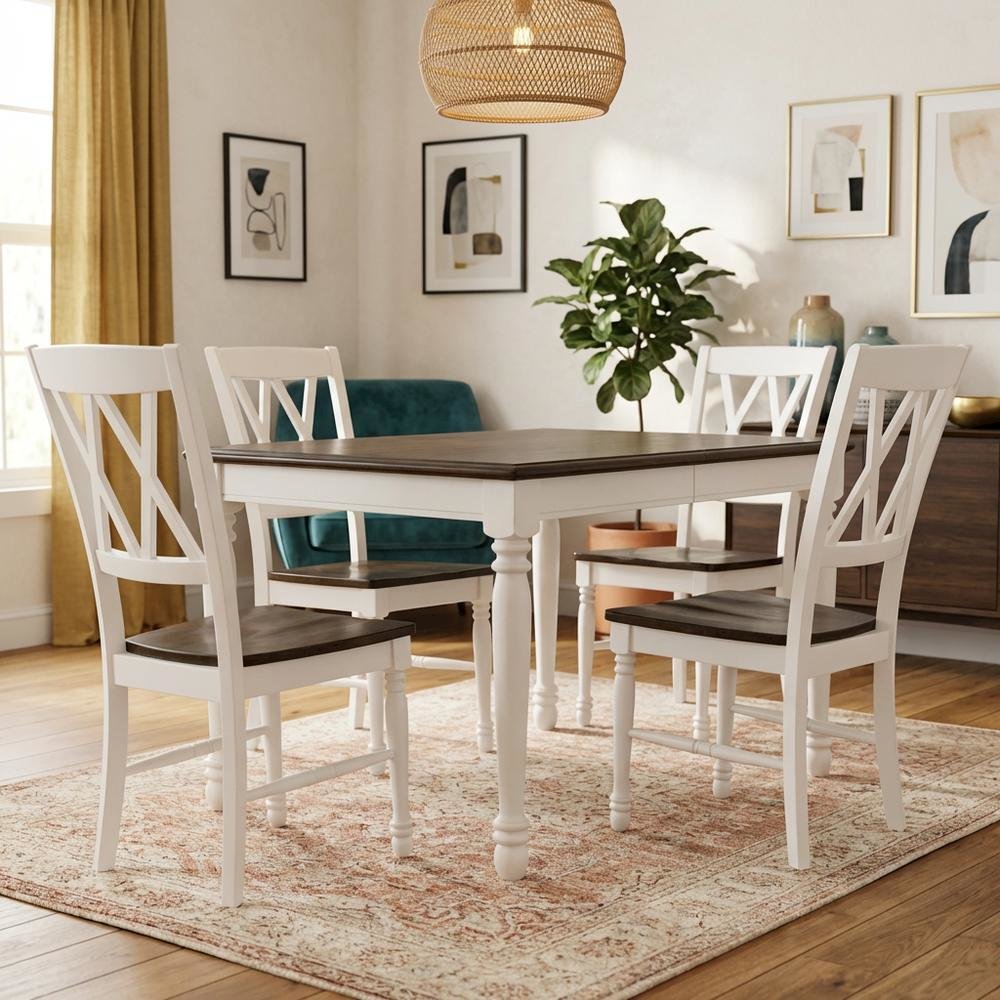 White dining table with four matching chairs and anti-tip hardware layout