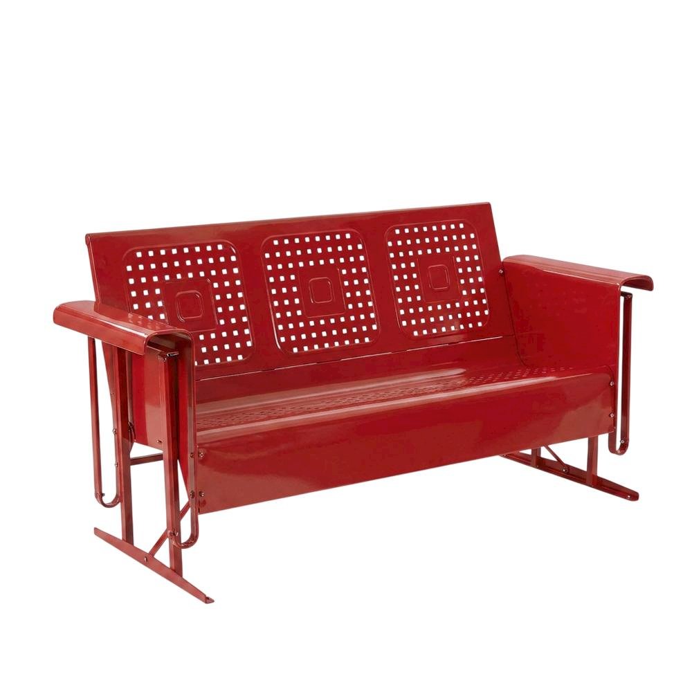 Red outdoor sofa glider with sturdy frame and comfortable seating for three