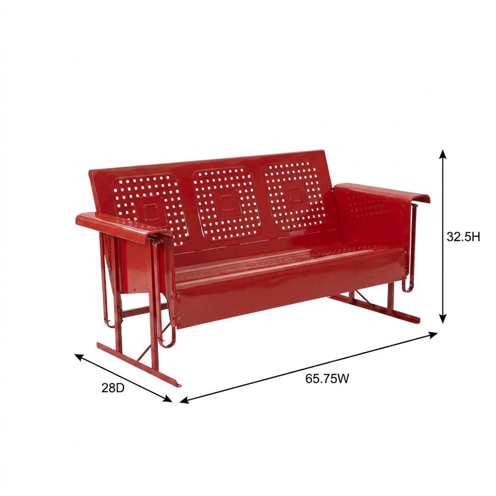 Red outdoor sofa glider with sturdy frame and comfortable seating for three
