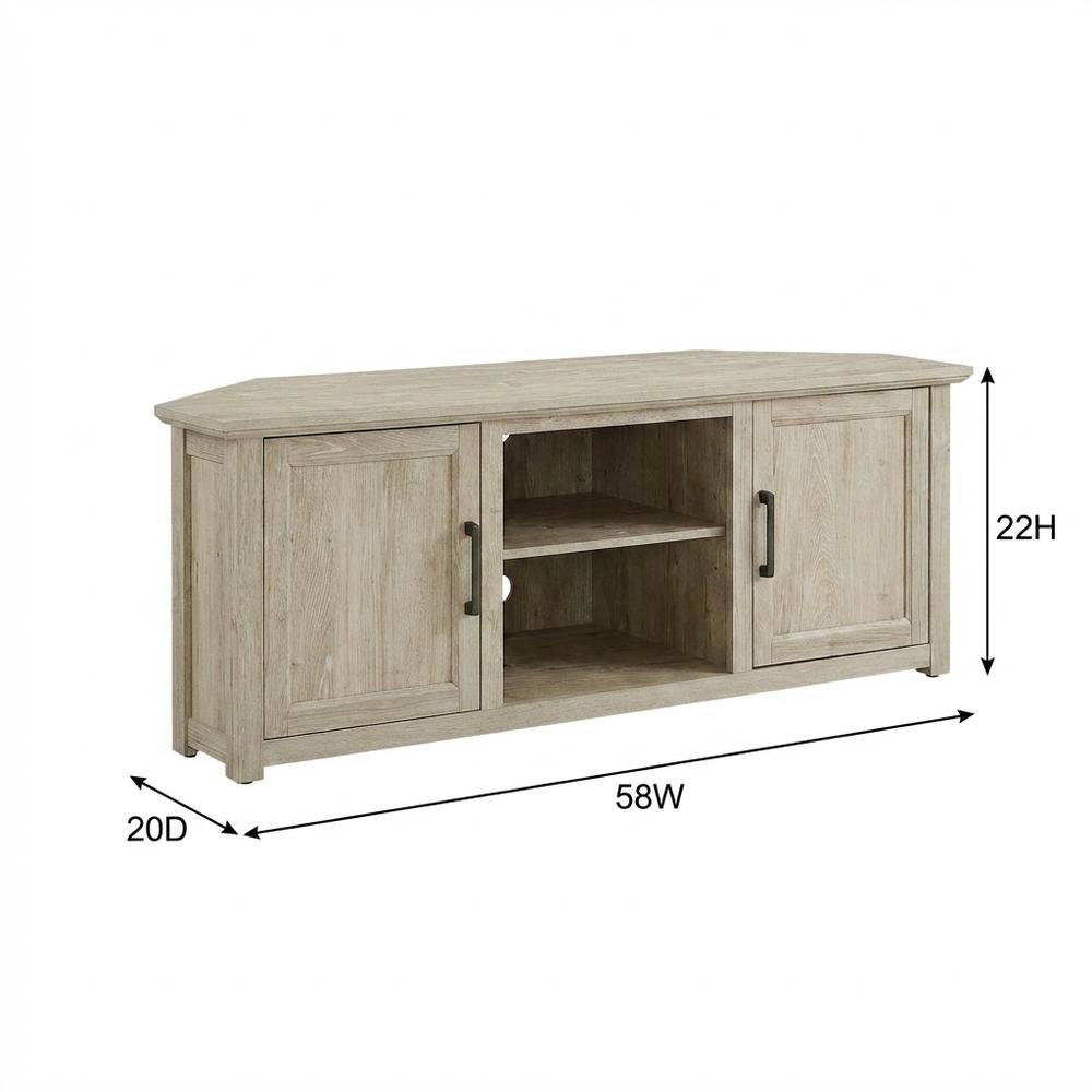 Corner TV stand for 65+ inch TVs in classic wood finish with ample storage space
