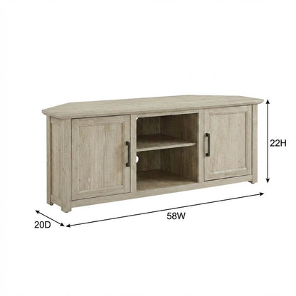 Corner TV stand for 65+ inch TVs in classic wood finish with ample storage space