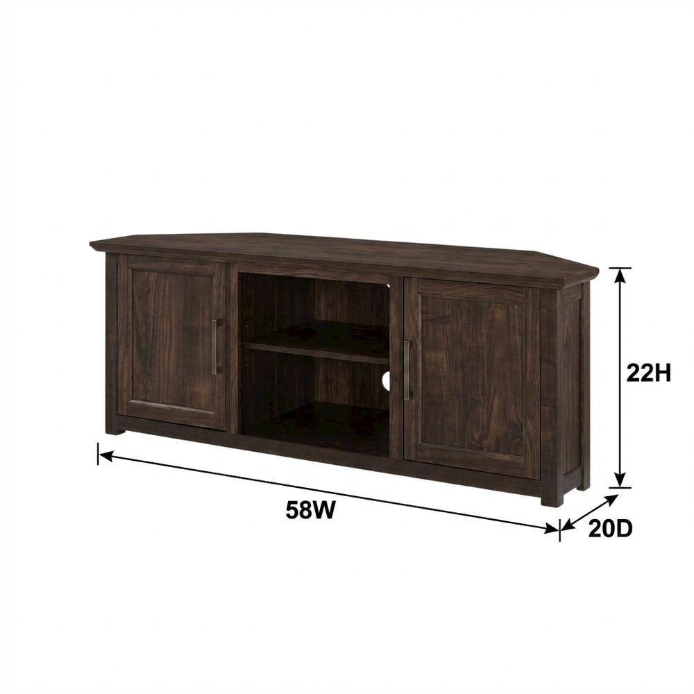 Corner TV Stand for 65+ Inch TVs in Black Wood Finish with Storage