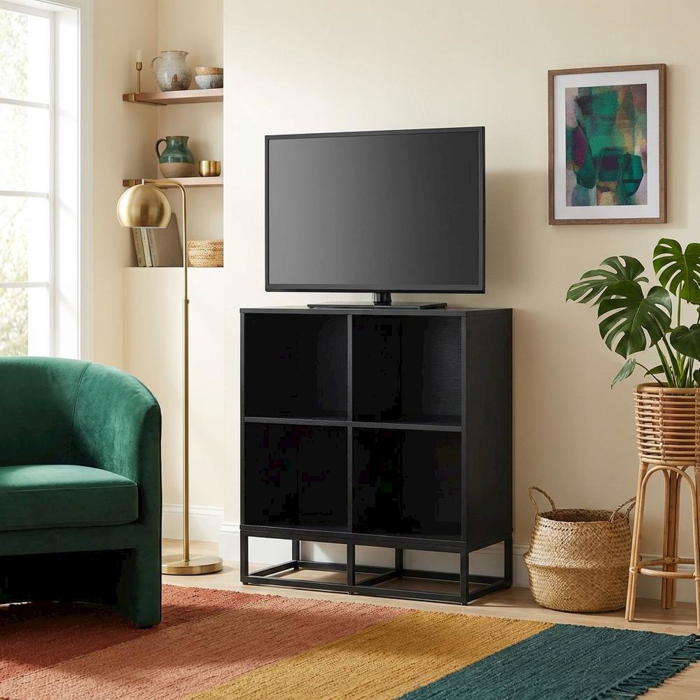 Dark Wood Finish 4-Cube Record Player Stand with Vinyl Storage