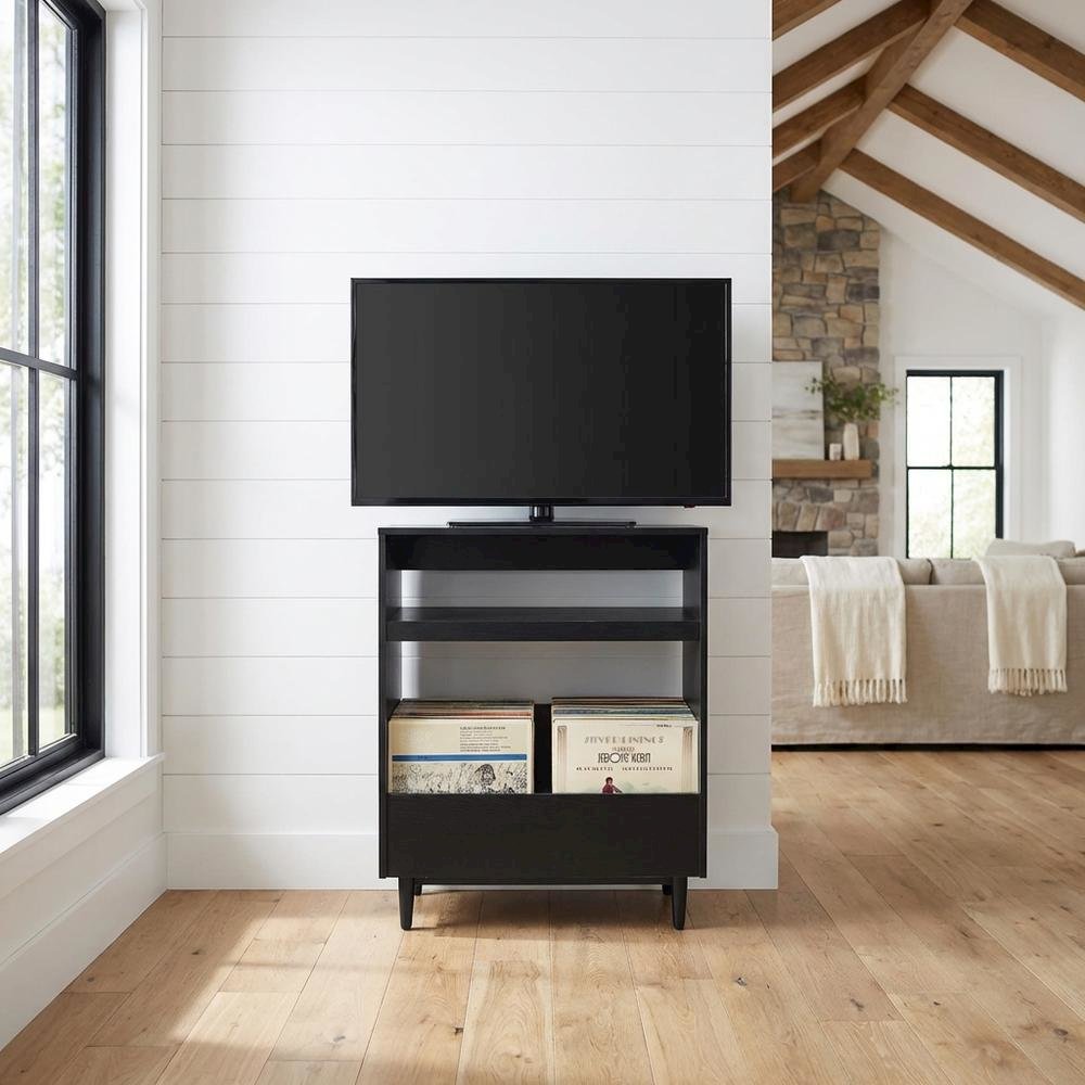 Wooden Record Player Stand with Vinyl Storage and Cable Management
