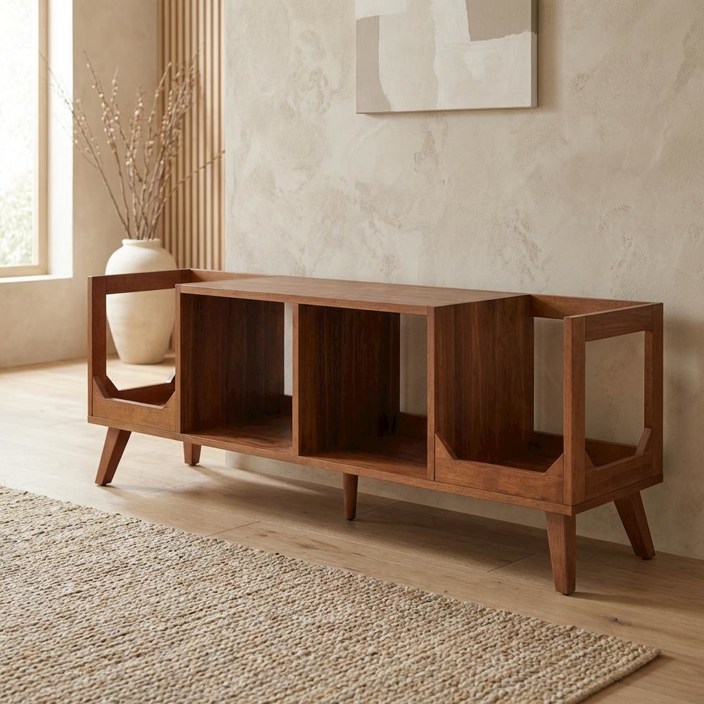 Black wood record player stand with vinyl storage and cable management