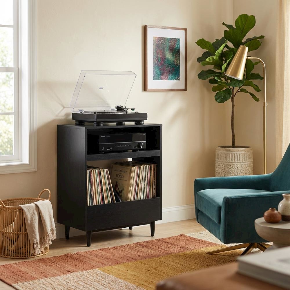 Wooden Record Player Stand with Vinyl Storage and Cable Management