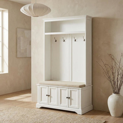 White Hall Tree, MDF Particle Board, Coat Hooks, Wide Entryway Organizer