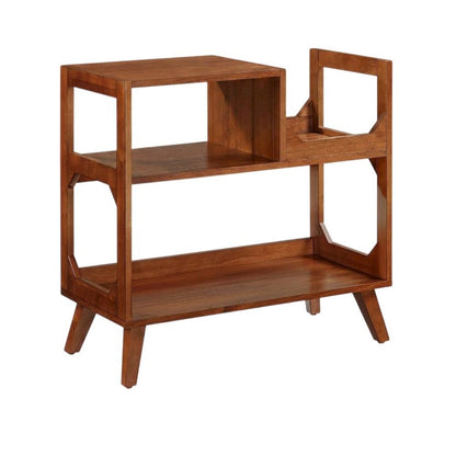 Brown Walnut Record Player Stand, Rubberwood Veneer Vinyl Storage