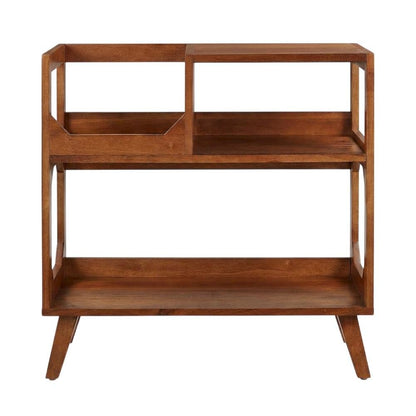 Brown Walnut Record Player Stand, Rubberwood Veneer Vinyl Storage
