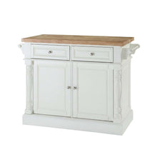 White kitchen island with butcher block top and anti-tip safety feature