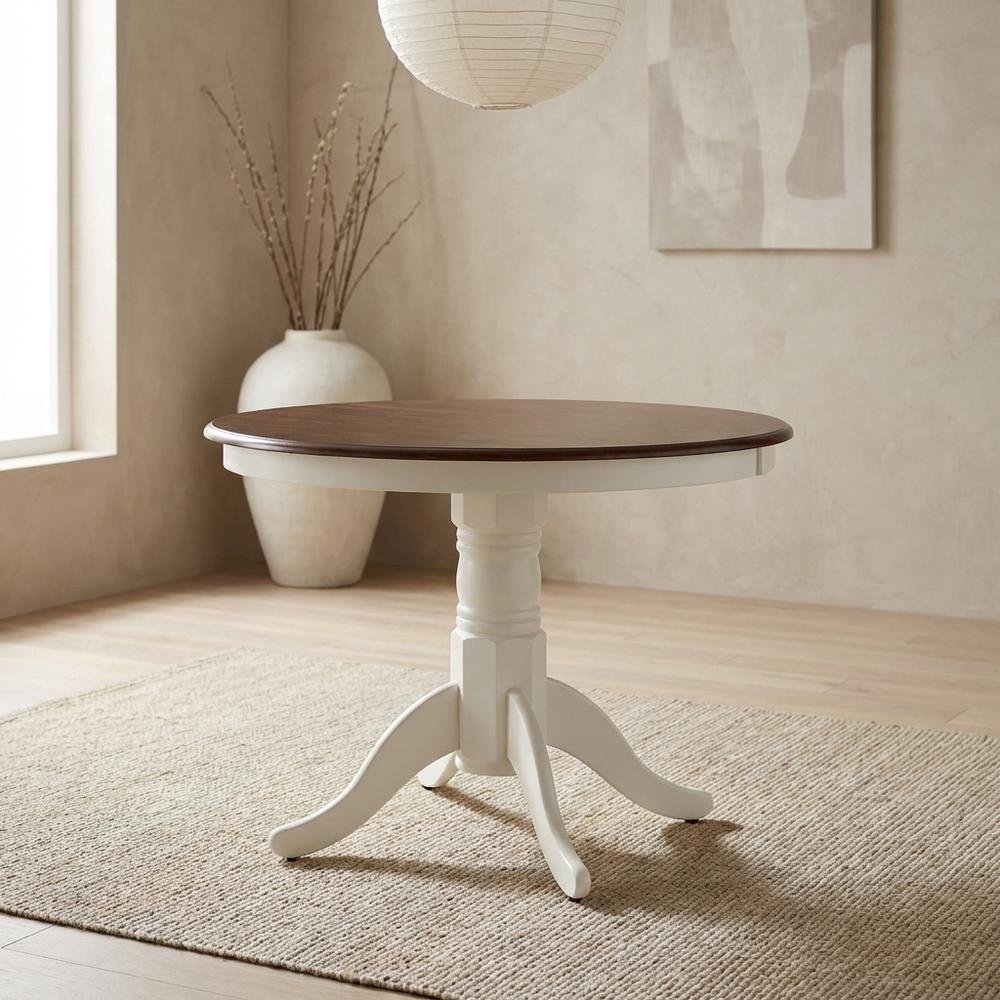 Distressed White Round Dining Table, Farmhouse Style, Seats 4