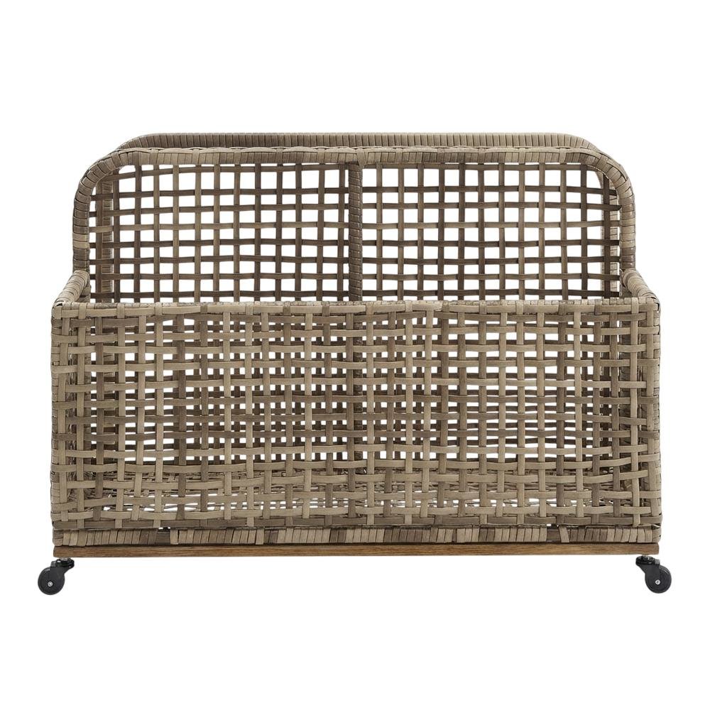 Distressed Gray Outdoor Pool Storage Caddy, Steel Wicker, 43 Inch Wide