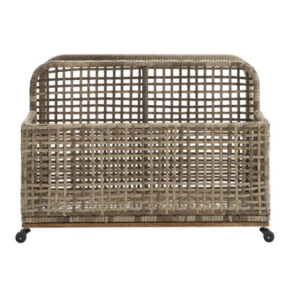Distressed Gray Outdoor Pool Storage Caddy, Steel Wicker, 43 Inch Wide