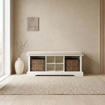 White Entryway Storage Bench, 2 Wicker Baskets, Cushioned Seat, MDF