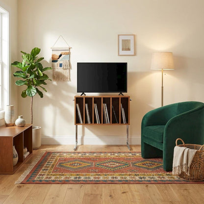 Wooden record player stand with vinyl storage and modern design
