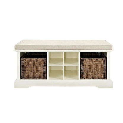 White Entryway Storage Bench, 2 Wicker Baskets, Cushioned Seat, MDF