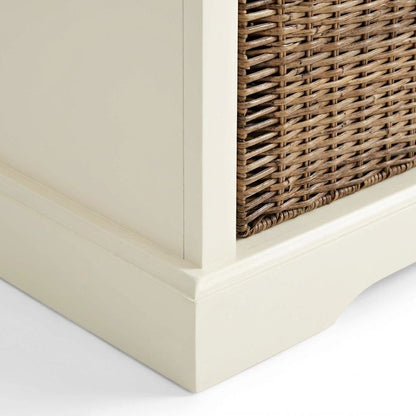White Entryway Storage Bench, 2 Wicker Baskets, Cushioned Seat, MDF