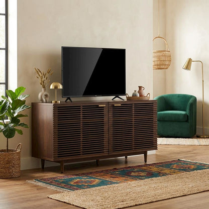 Corner record player cabinet with vinyl storage in wood finish and modern design