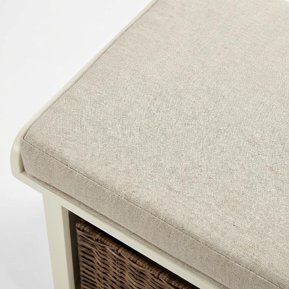 White Entryway Storage Bench, 2 Wicker Baskets, Cushioned Seat, MDF